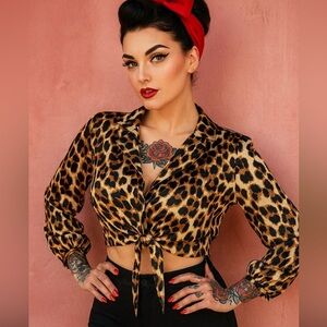 REVOLVE MARJORELLE Leopard Print Tie-Front Blouse long sleeve crop top XS